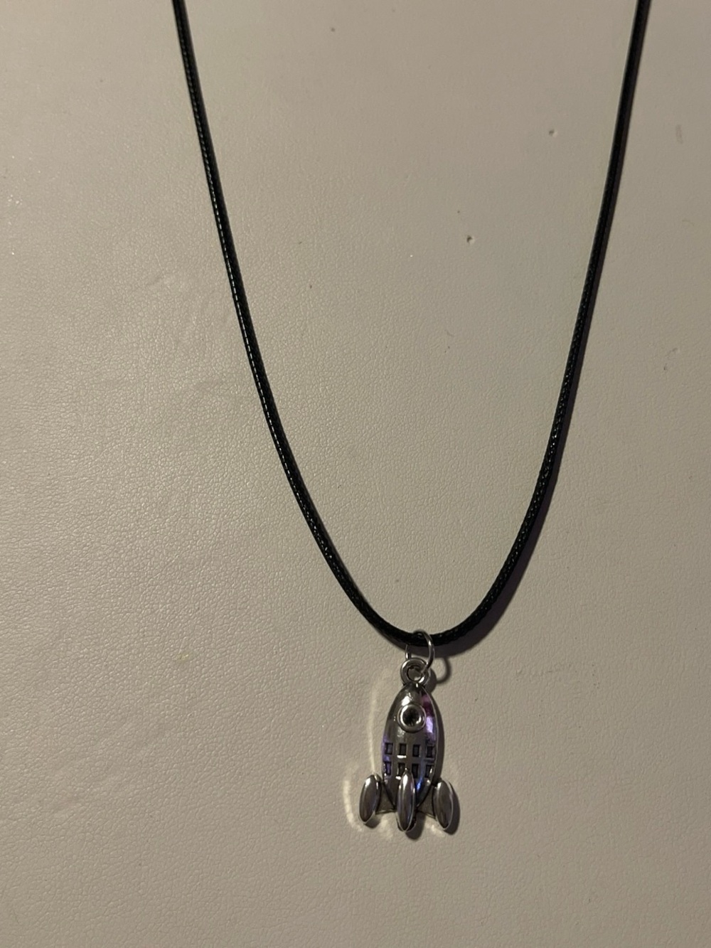 Silver Rocket Pendant Necklace on Black Cord
